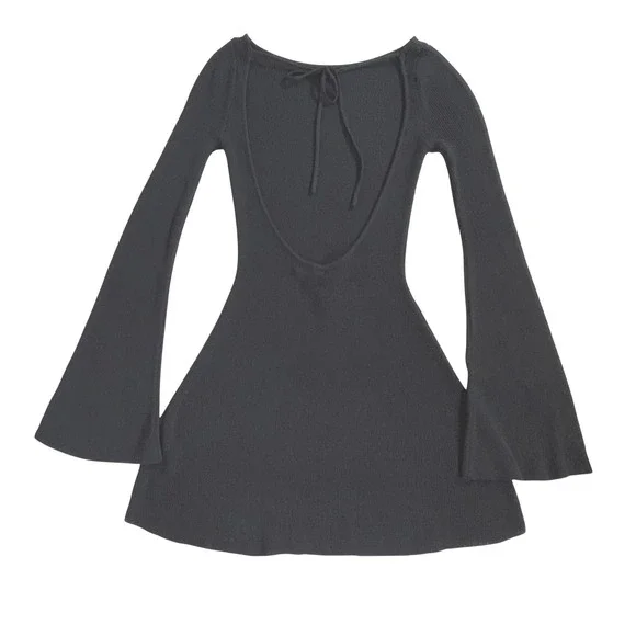 Meshki Zahra Open Back Mini Mesh Knit Dress Semi Sheer XS Black Bell Sleeve NWT - Picture 11 of 14